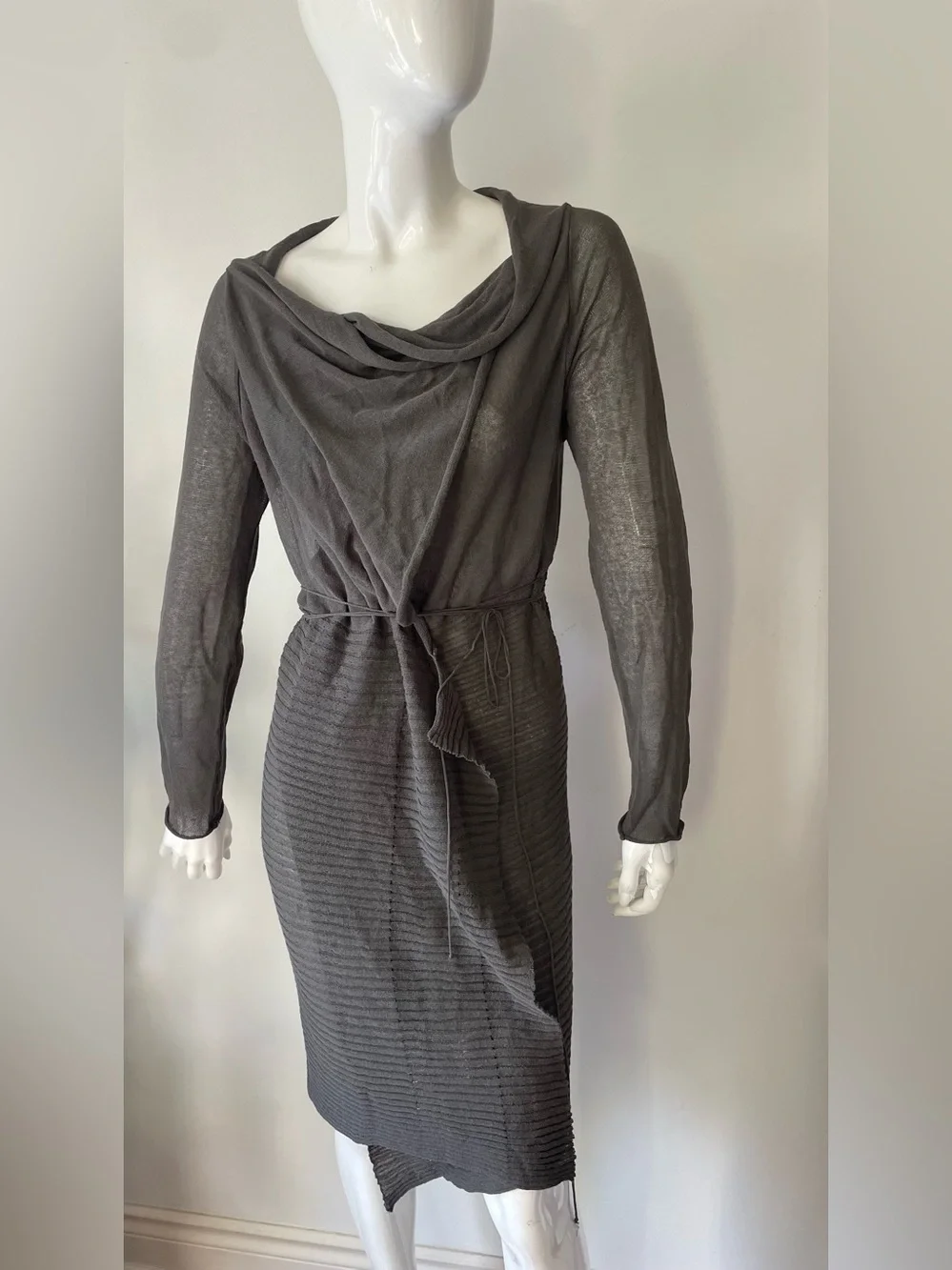 Sarah Pacini Draped Knit Wrap Dress Sweater Taupe Gray Size S M - Picture 3 of 11